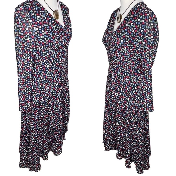 Betsey Johnson Multicolor Polka Dot Hi Low Hem Wrap Dress 4 Sheer Long Sleeves - Picture 5 of 16